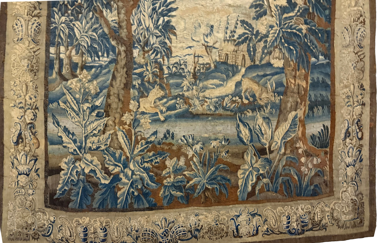 Tapestry of a fox hunting a rabbit in the woods