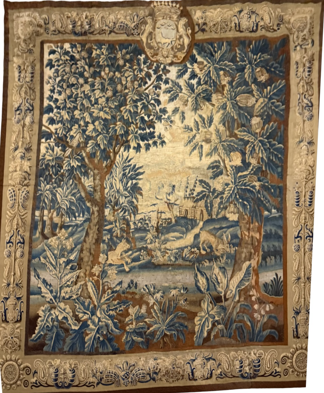 Tapestry of a fox hunting a rabbit in the woods