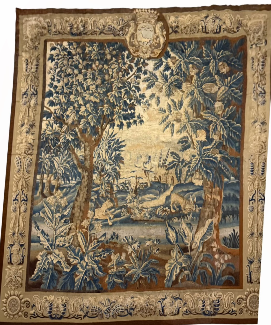 Tapestry of a fox hunting a rabbit in the woods