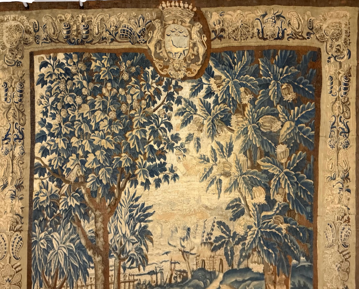 Tapestry of a fox hunting a rabbit in the woods